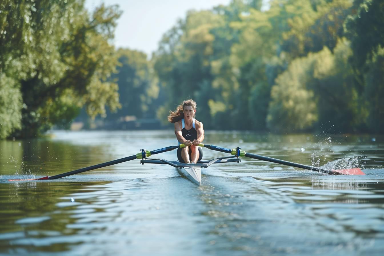 aviron : rameur en pleine action sur l'eau avec équipement complet