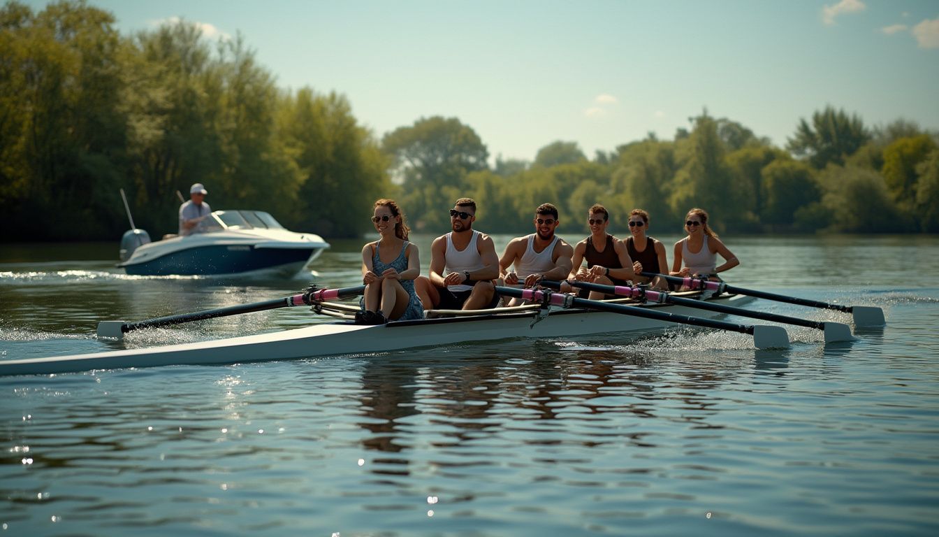 aviron : rameur en pleine action sur l'eau avec équipement complet