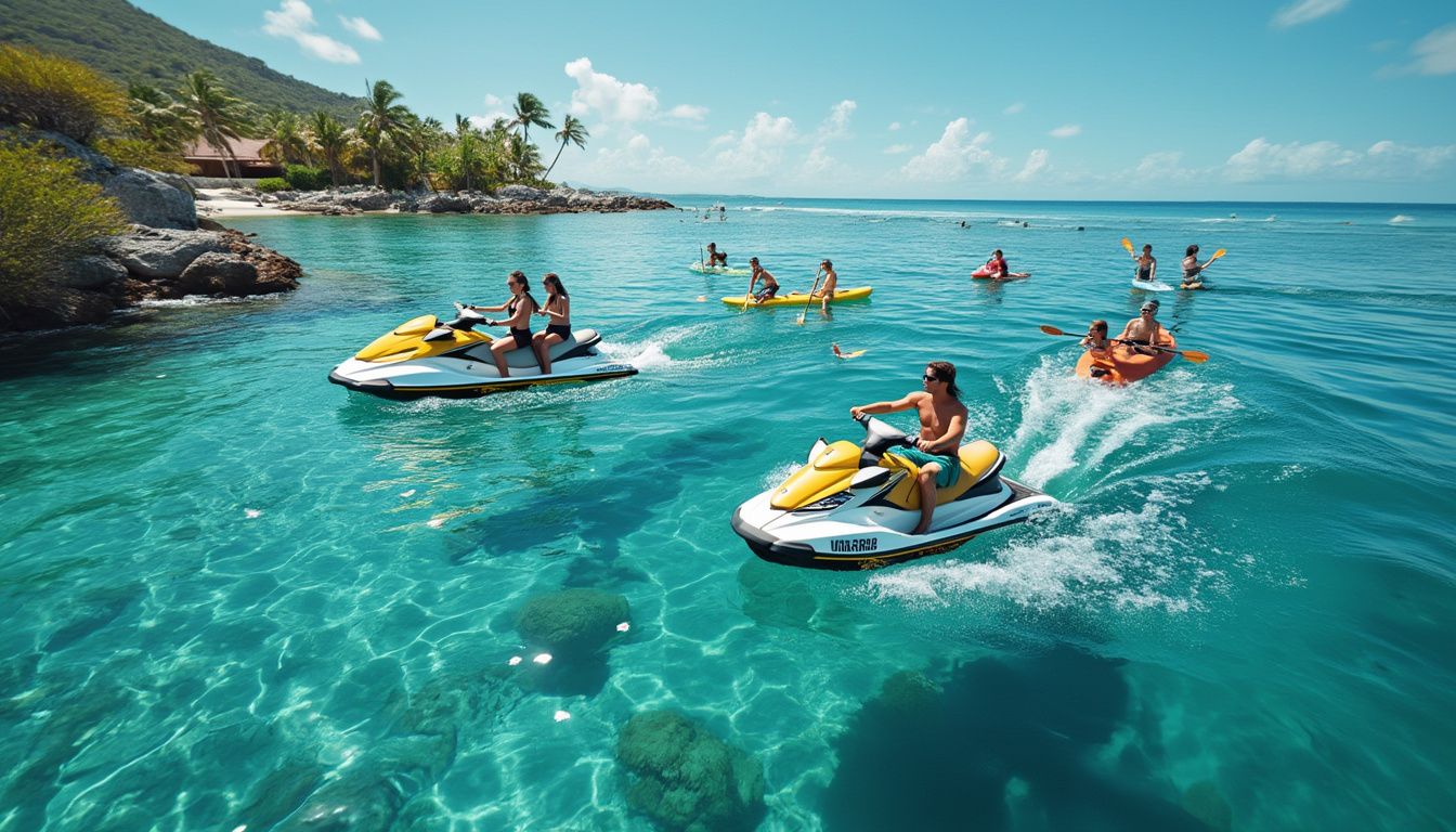 activités nautiques : personnes pratiquant différentes activités nautiques comme surf, paddleboard et wakeboard