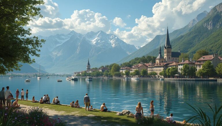 carte lac d'Annecy : illustration d'une carte topographique du lac d'Annecy avec ses sentiers et points d'intérêt
