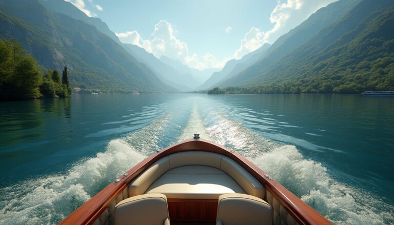 balade en bateau lac d'Annecy : bateau naviguant sur le lac d'Annecy avec montagnes en arrière-plan