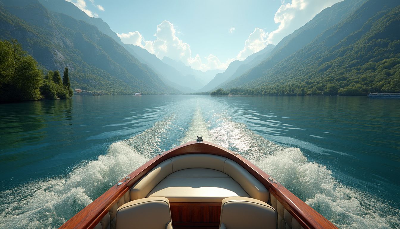 balade en bateau lac d'Annecy : bateau naviguant sur le lac d'Annecy avec montagnes en arrière-plan