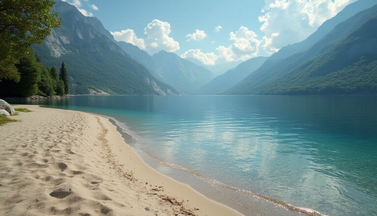 plages lac d'Annecy : vue panoramique d'une plage au bord du lac d'Annecy avec montagnes en arrière-plan