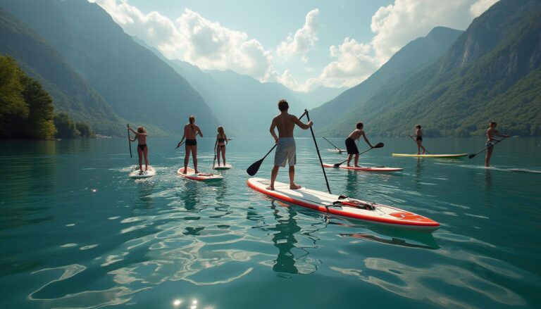 paddle lac d'Annecy : personne en paddle sur les eaux tranquilles du lac d'Annecy avec un paysage montagneux en arrière-plan