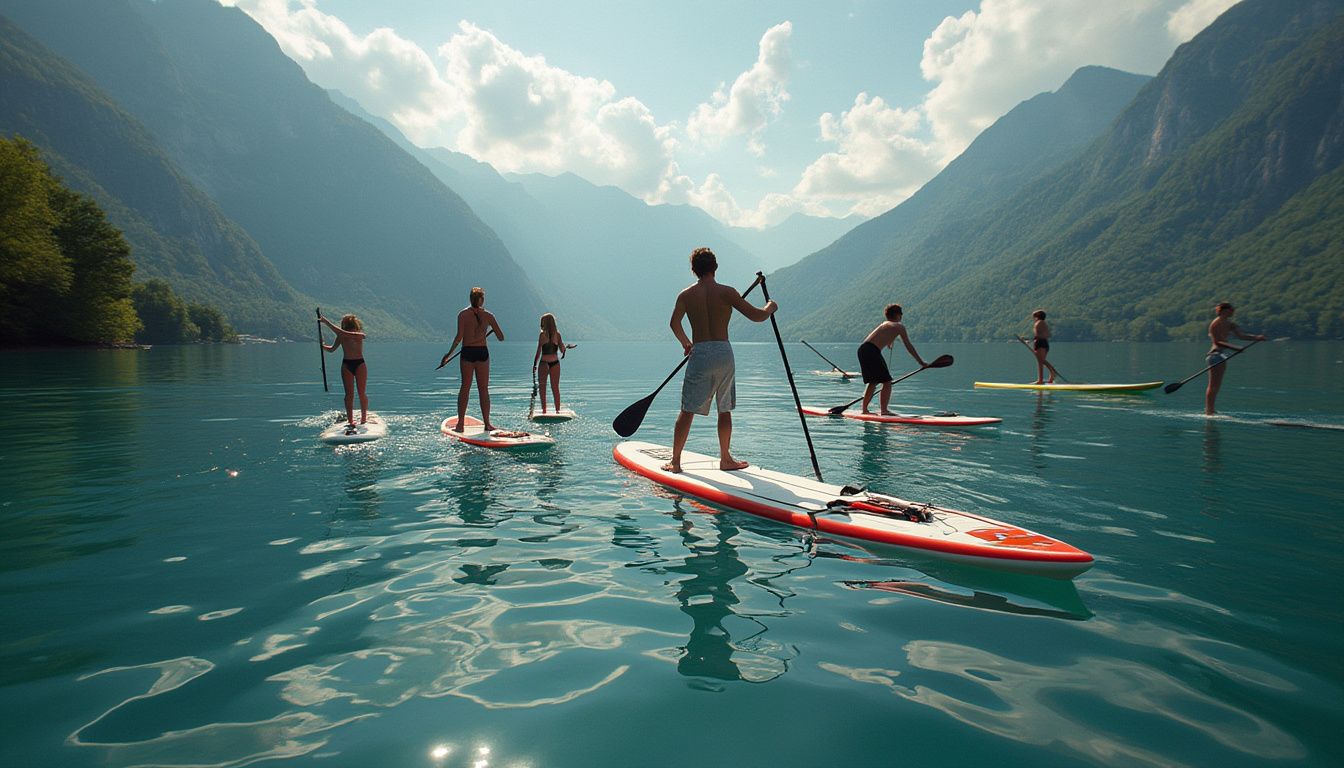 paddle lac d'Annecy : personne en paddle sur les eaux tranquilles du lac d'Annecy avec un paysage montagneux en arrière-plan