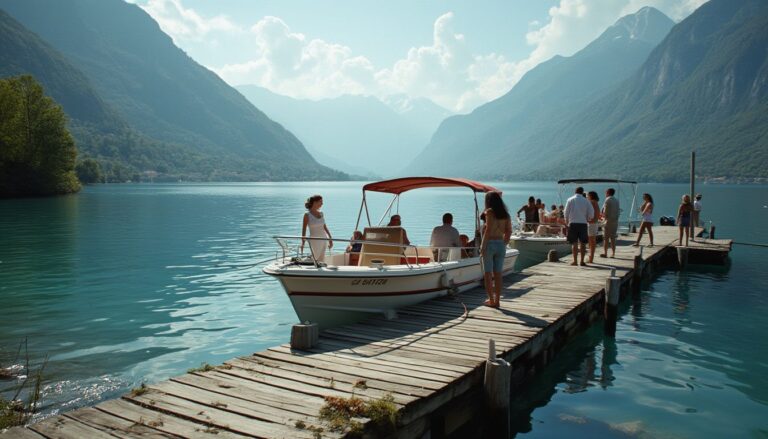 location bateau lac d’Annecy : bateau de location sur le lac d’Annecy avec montagnes en arrière-plan