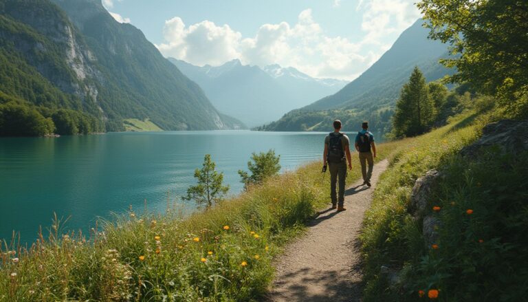 randonnées lac d'Annecy : sentier de randonnée avec vue sur le lac d'Annecy et montagnes