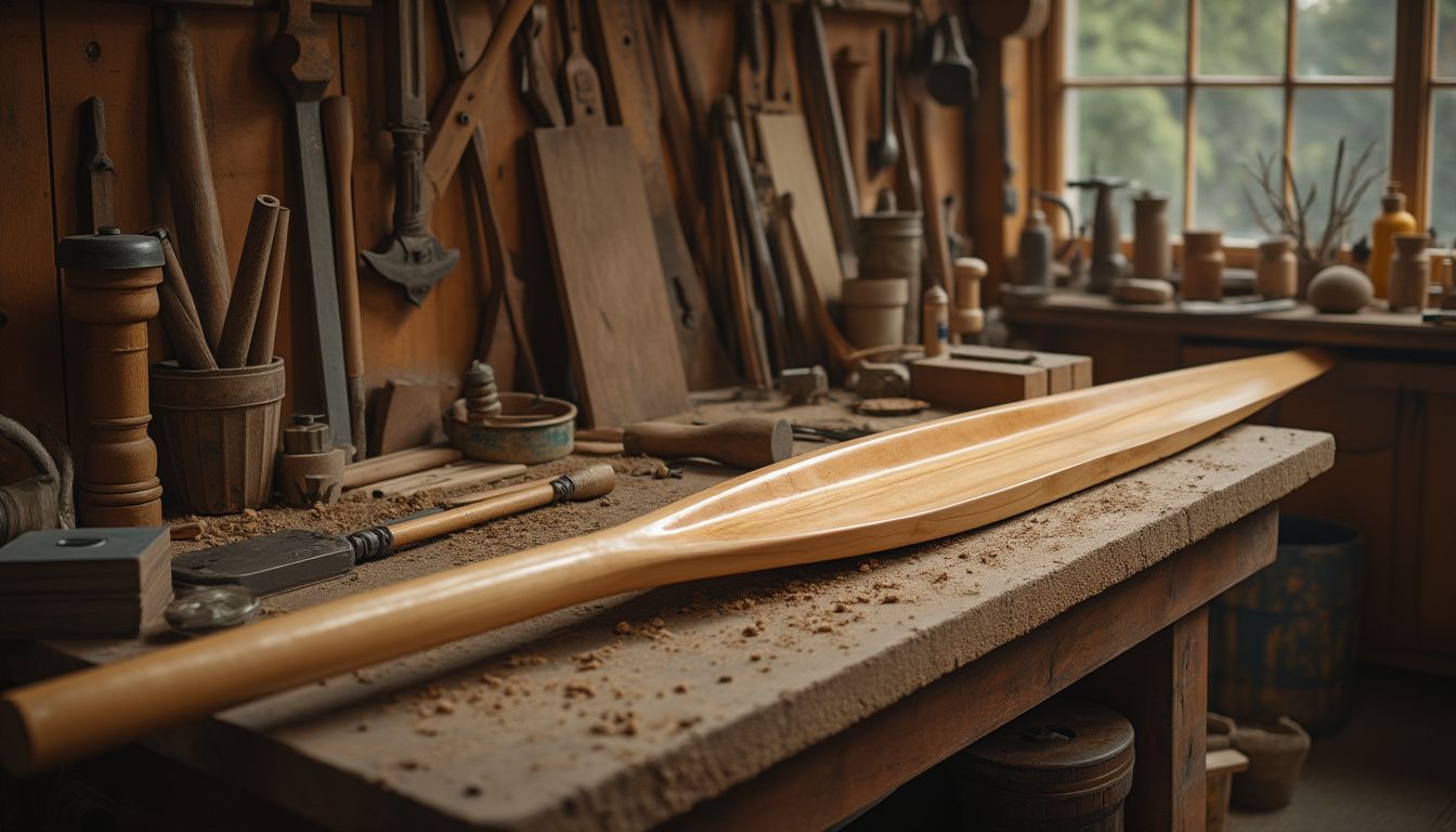 rame d’aviron : vue détaillée d'une rame d'aviron en bois en cours de fabrication