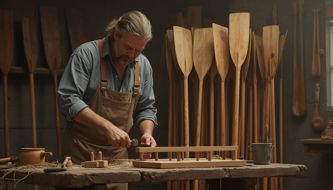 support pour rames : support en bois avec plusieurs rames rangées