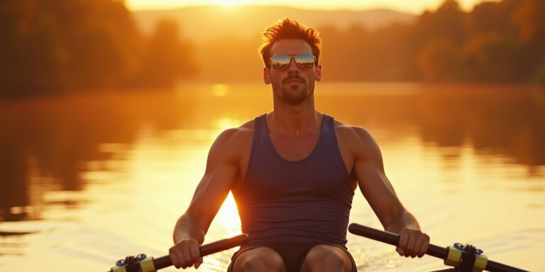 équipement aviron : rameur avec équipement d'aviron moderne sur l'eau