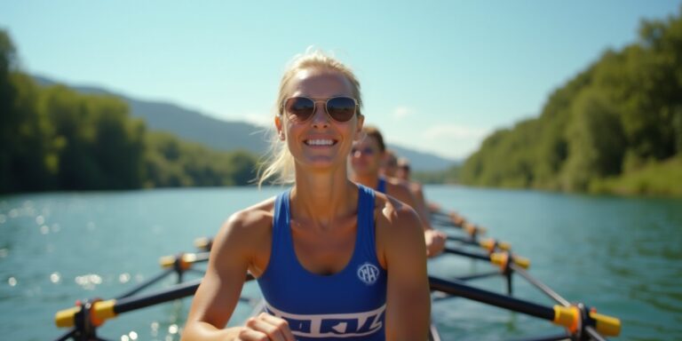 aviron : personne pagayant sur un lac en club d’aviron
