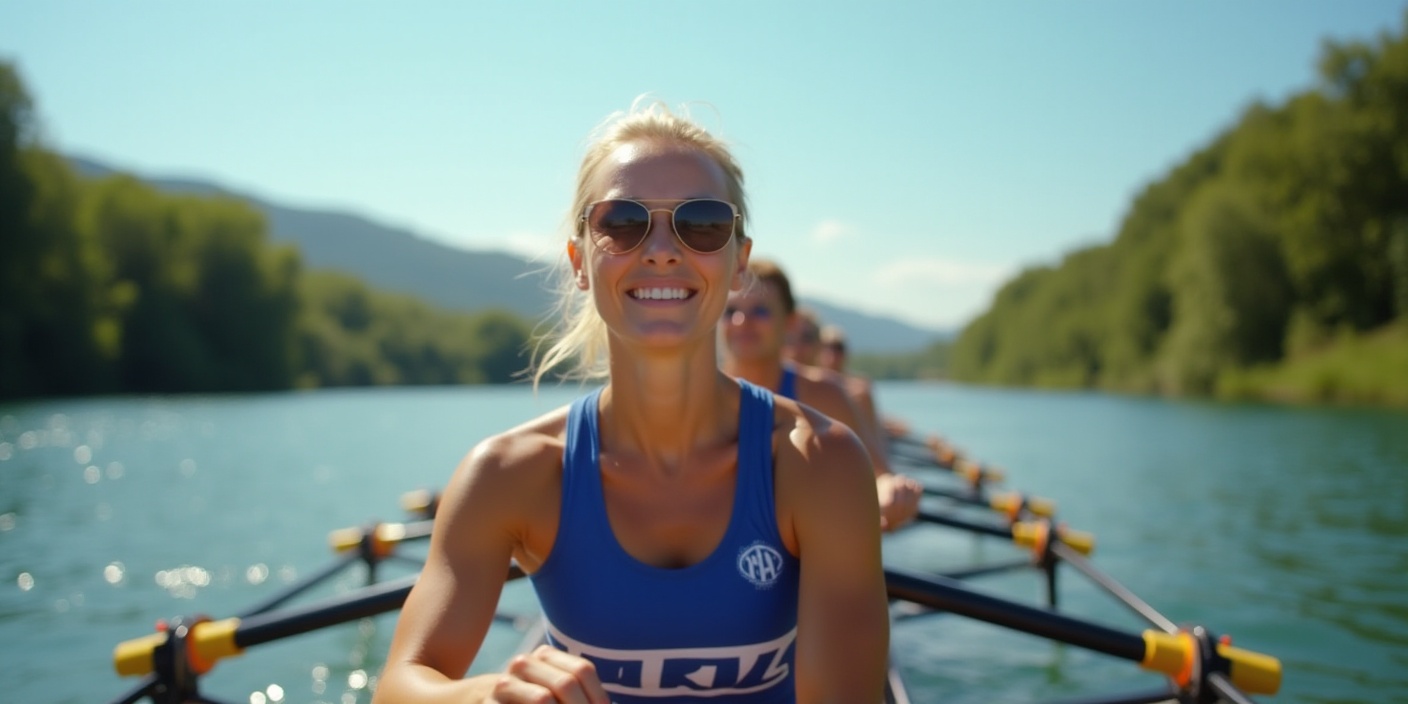 aviron : personne pagayant sur un lac en club d’aviron