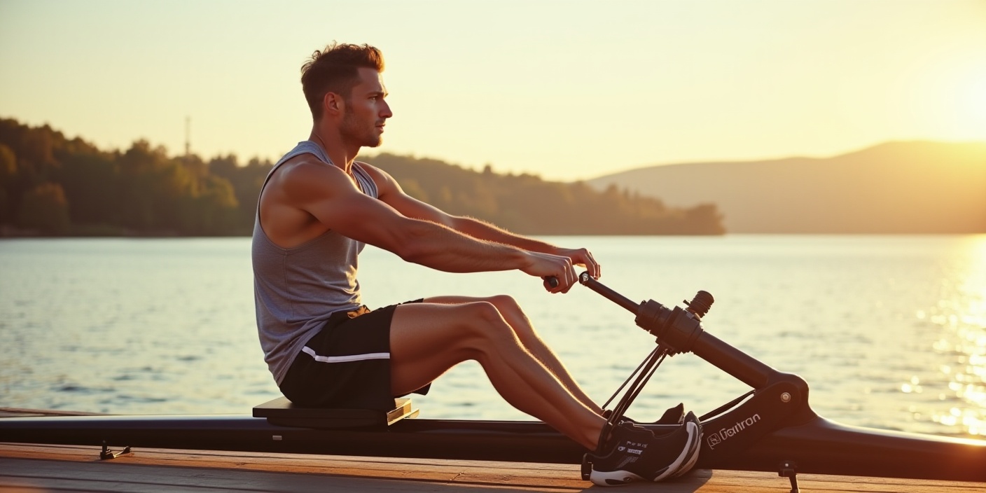 aviron : rameur en tenue sportive prêt à ramer en extérieur