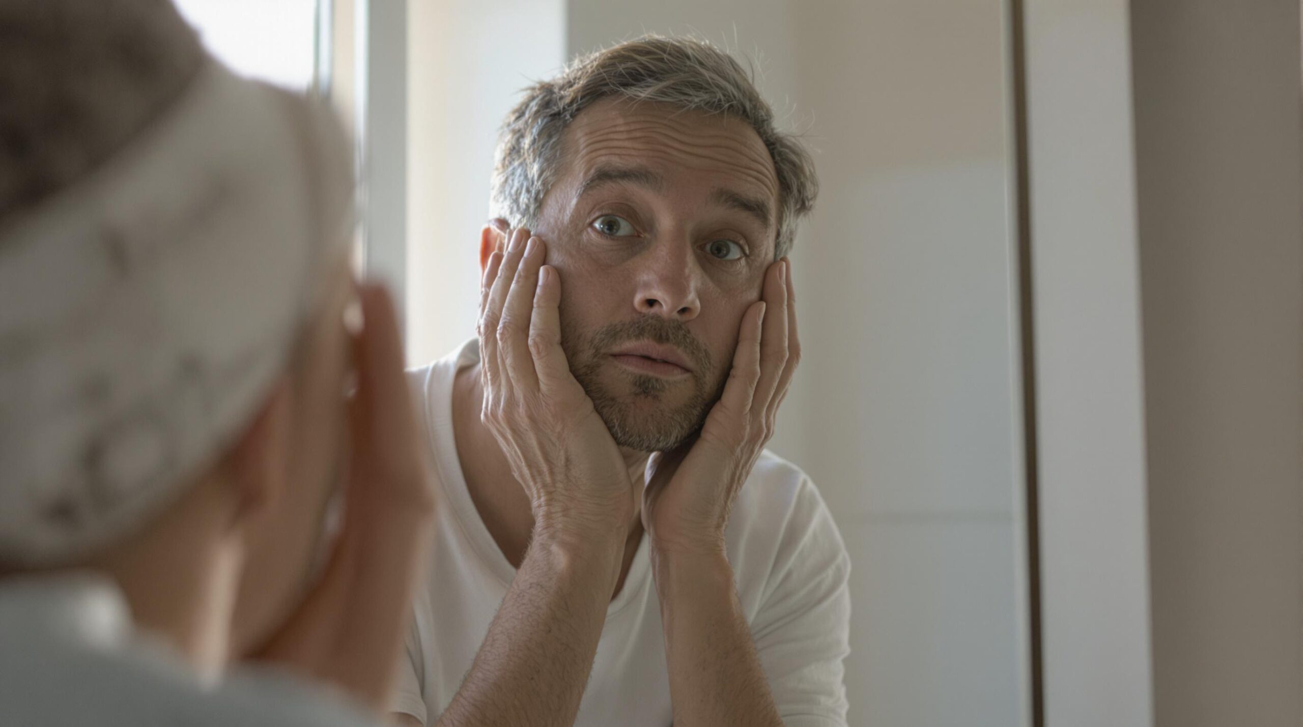 toxicité interne : silhouette humaine devant un miroir reflétant une version trouble d'elle-même