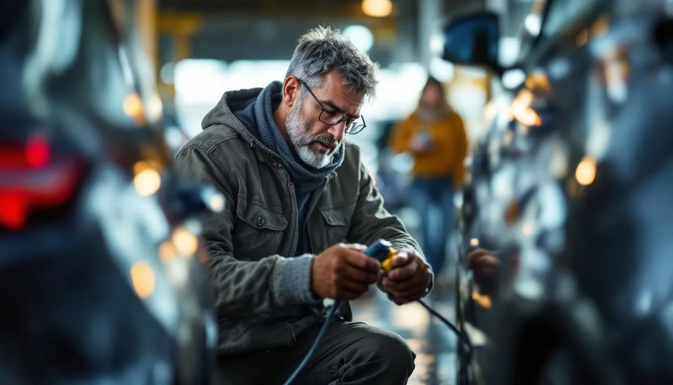 recharger batterie voiture : illustration d'une batterie de voiture en cours de recharge avec un chargeur et des cables