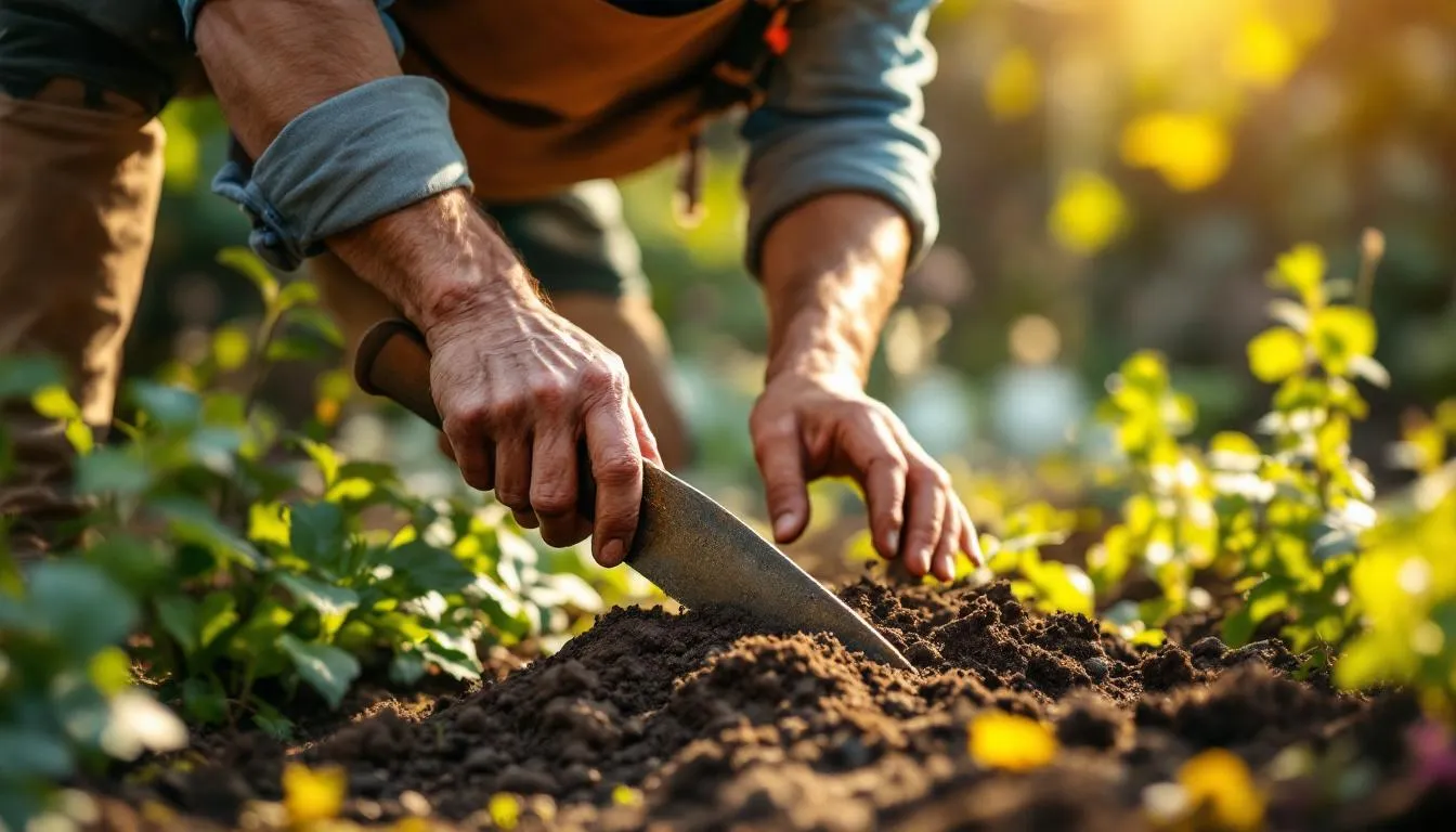 tassement manuel : jardinier utilisant un pilon pour tasser la terre