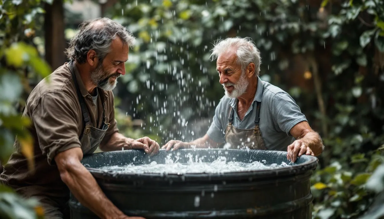 récupérateur eau de pluie : système de récupération d'eau de pluie installé près d'une maison