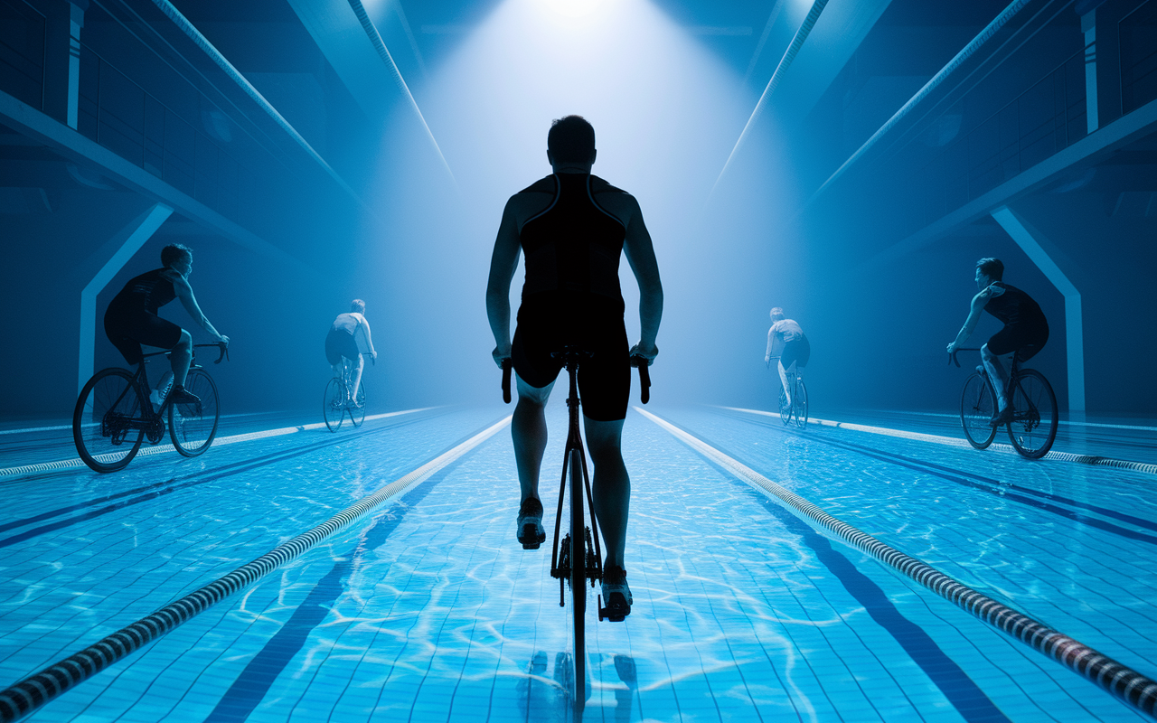 Silhouette sur velo immerge dans une piscine claire