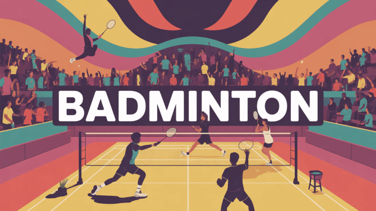 terrain de badminton en competition avec raquette et volant en action