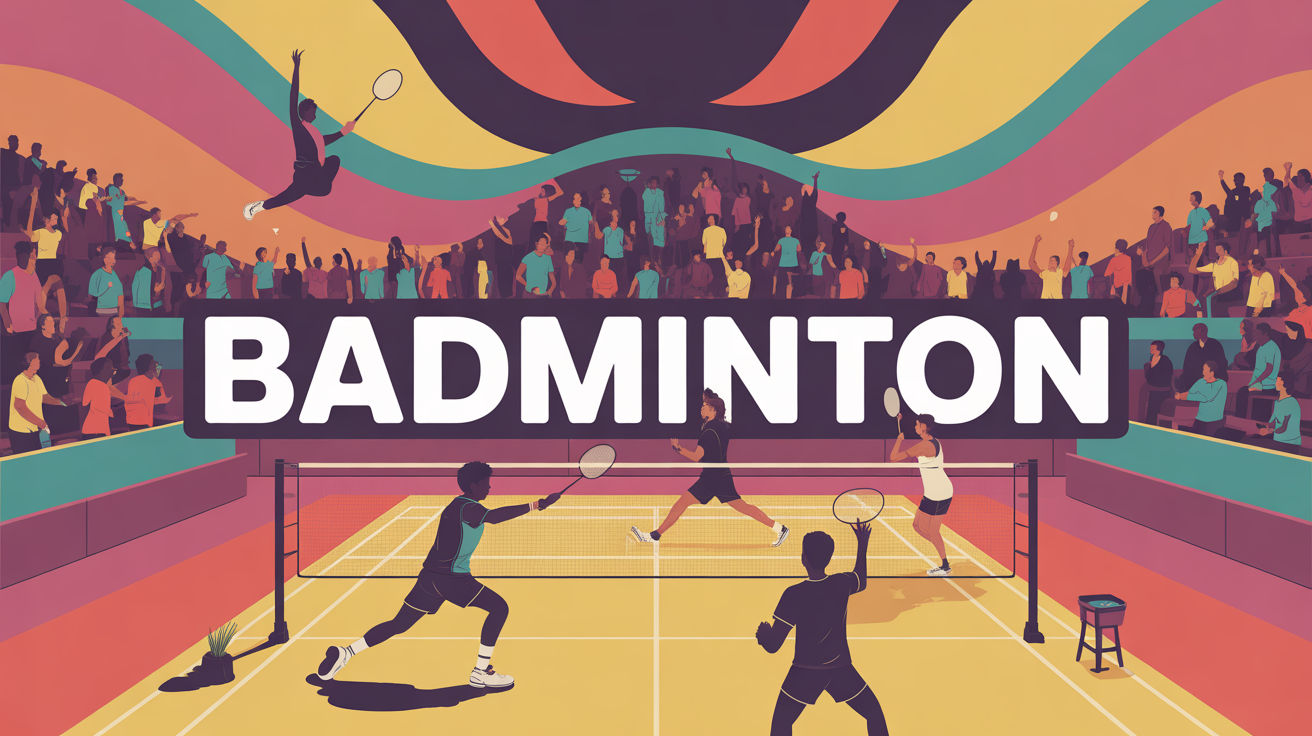 terrain de badminton en competition avec raquette et volant en action