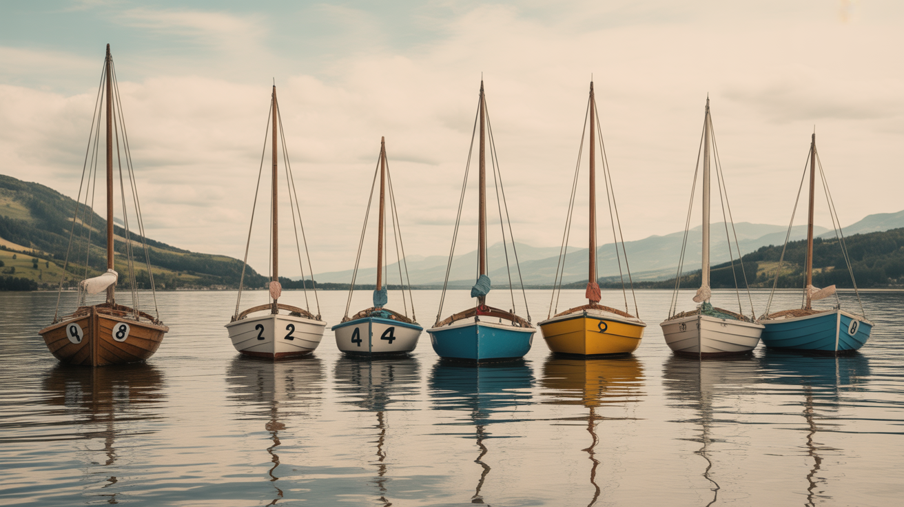 Plusieurs coques aviron alignées plan d'eau, choix selon niveau