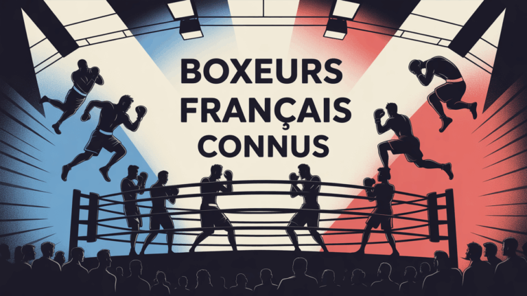 Boxeurs français connus sur ring stylisé avec ambiance tricolore