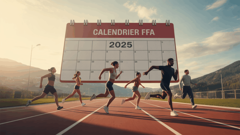 Athlètes sur piste avec calendrier FFA 2025 événement