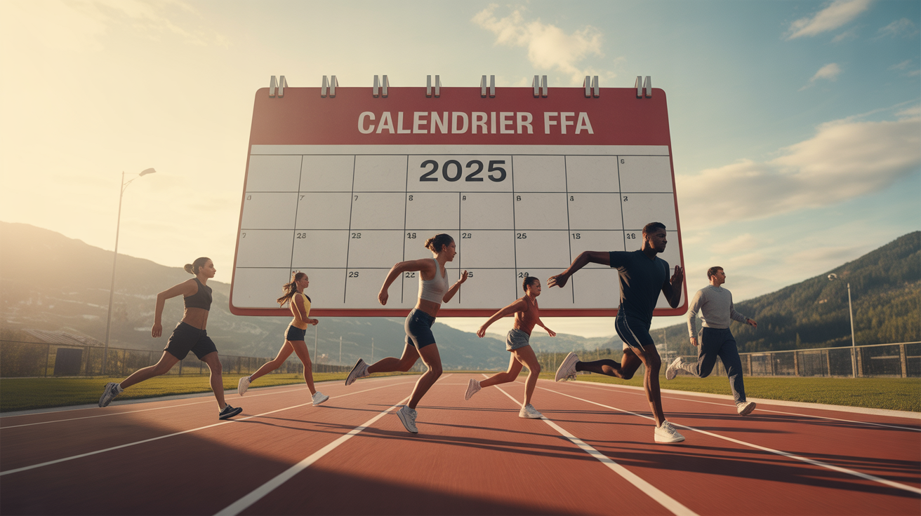 Athlètes sur piste avec calendrier FFA 2025 événement