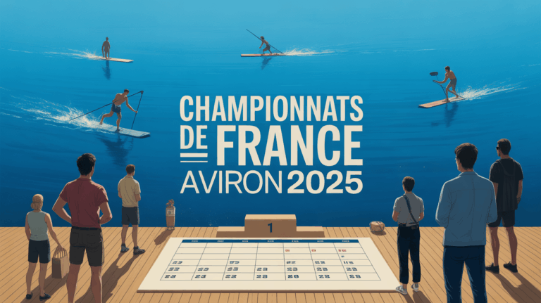 Silhouettes rameurs, calendrier, podium pour championnats de France aviron 2025