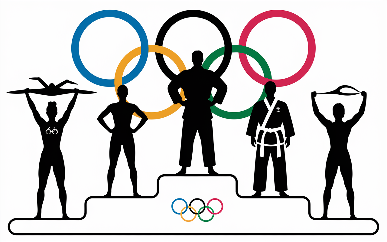 Silhouettes d'athlètes gabonais aux JO 2024 sur podium et anneaux olympiques