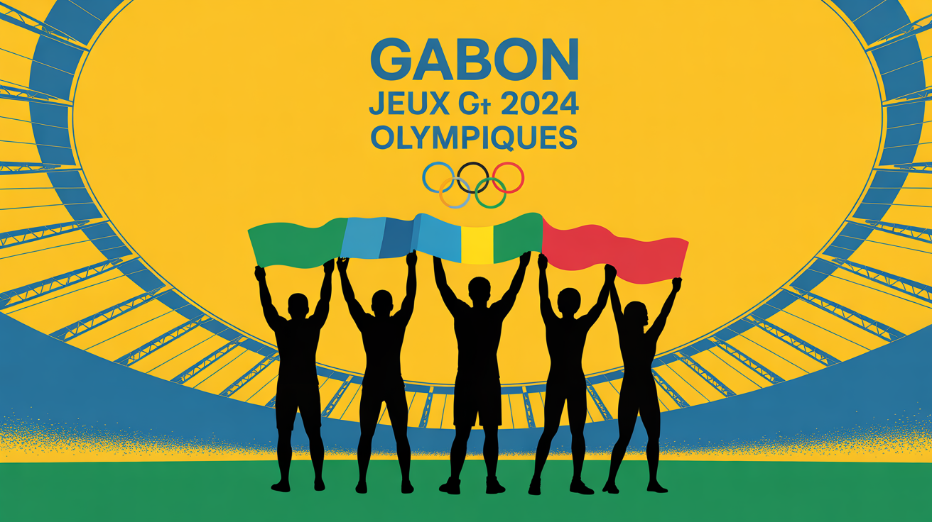 Cinq sportifs gabonais brandissant le drapeau aux Jeux Olympiques 2024