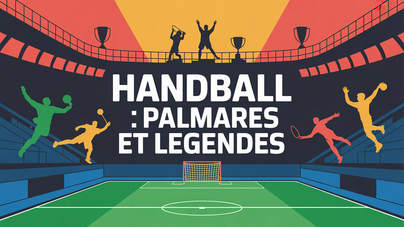 terrain de handball, trophées et joueurs en action