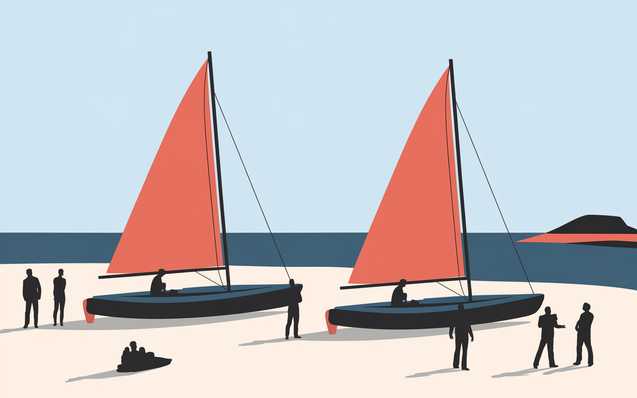 Deux Hobie 16 alignes plage voile levee