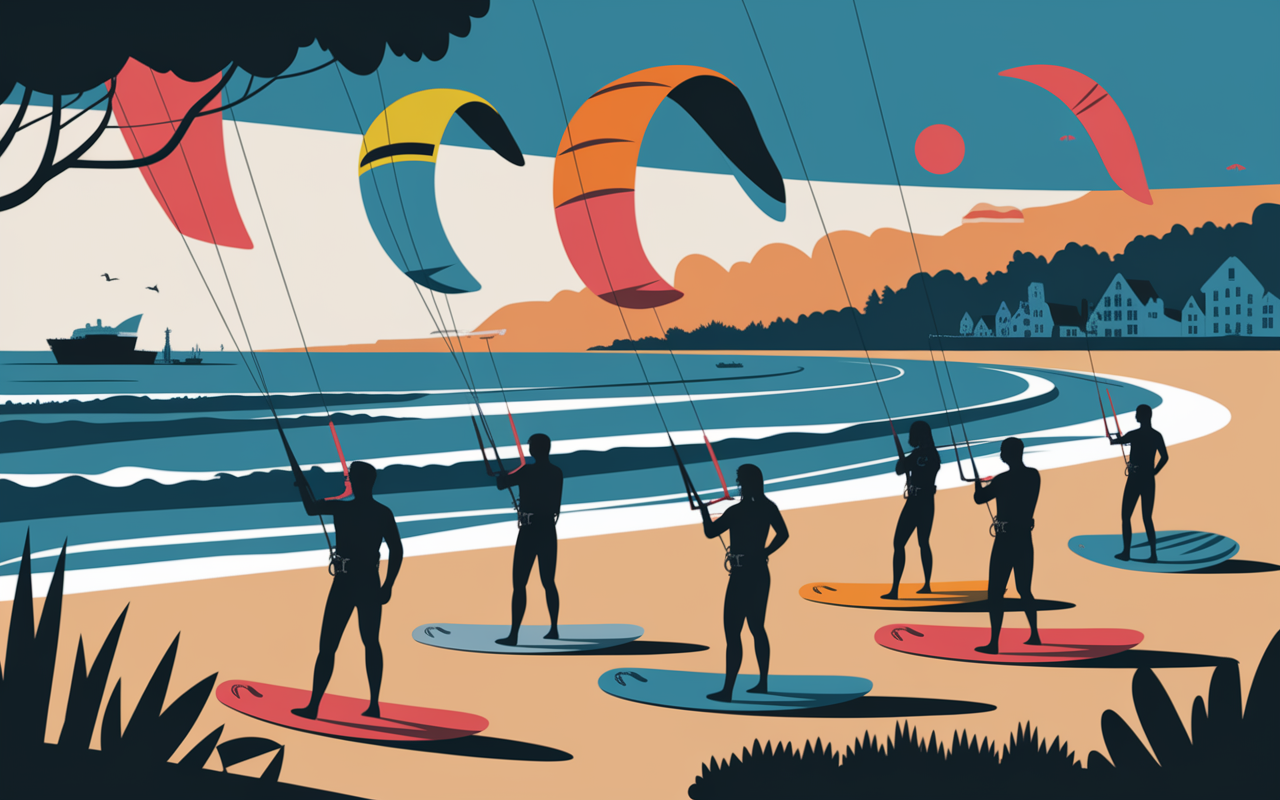 Initiation kitesurf en Normandie, moniteur avec groupe sur la plage