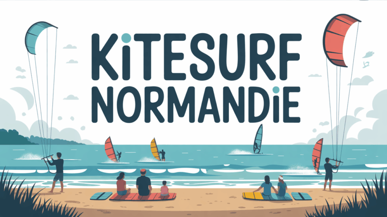 Plage de Normandie avec kitesurfeurs et familles, ambiance conviviale