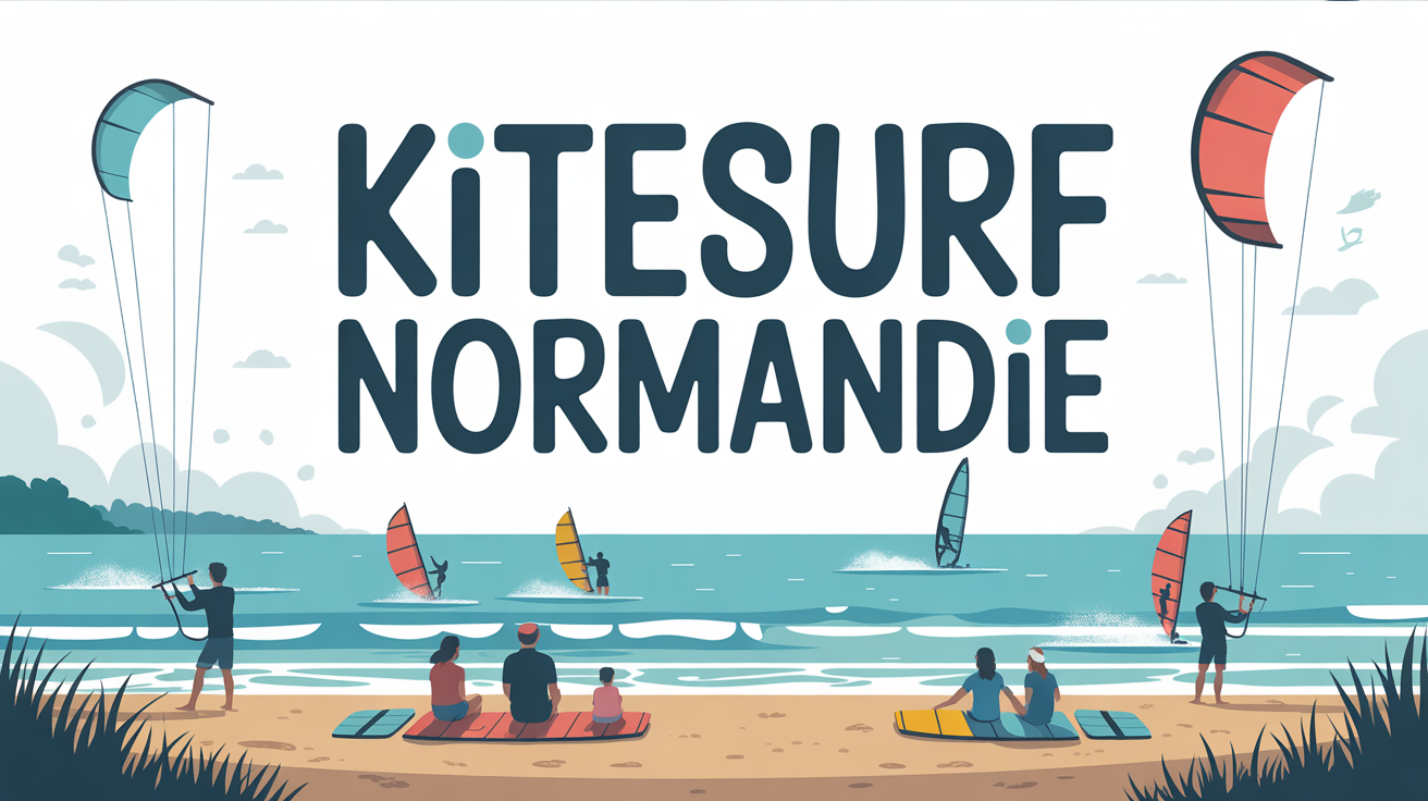 Plage de Normandie avec kitesurfeurs et familles, ambiance conviviale
