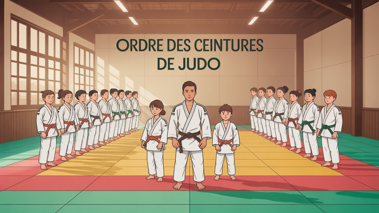 Dojo judo avec judokas tous grades, sur tatami, ordre des ceintures