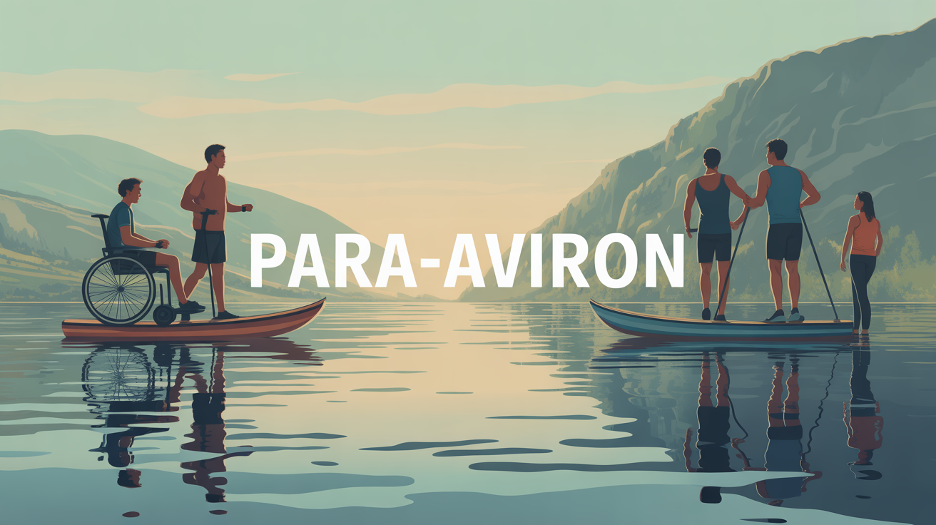 Illustration para-aviron sportifs fauteuil roulant et rameurs debout sur plan d'eau inclusif