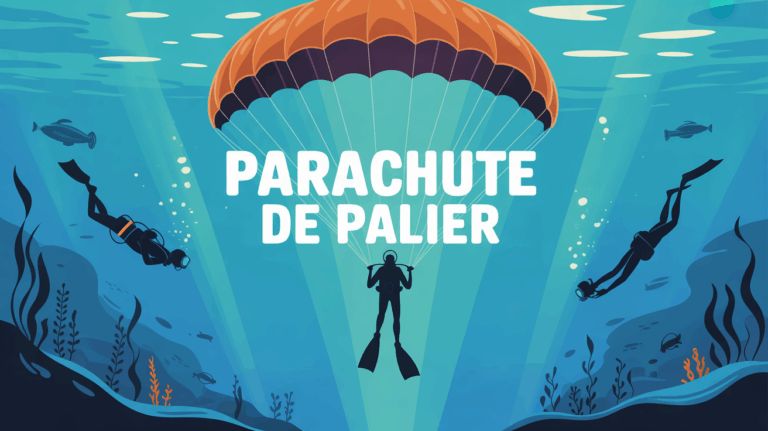 Illustration plongeur déployant parachute de palier orange sous l’eau