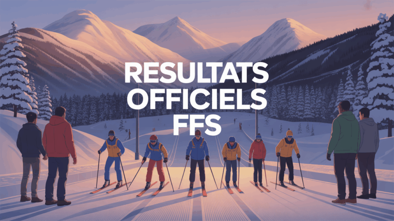 Scène compétition ski avec jeunes et texte Resultats officiels FFS