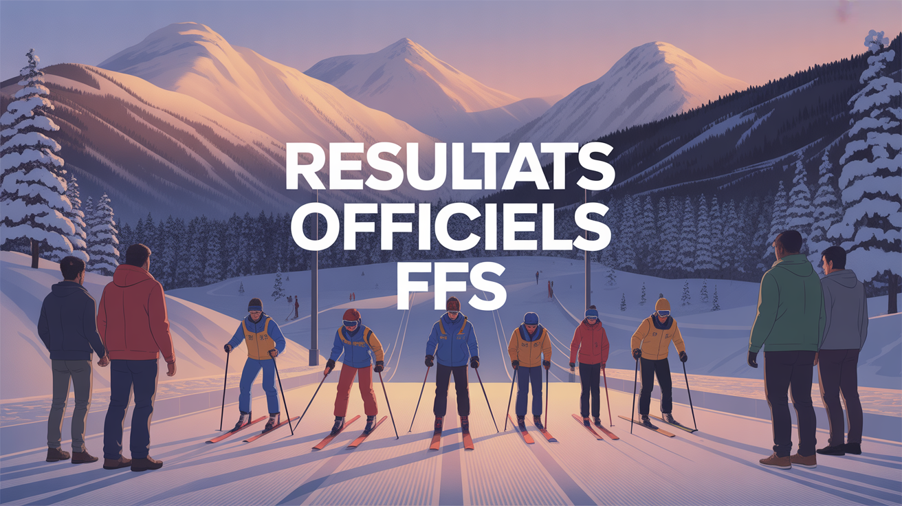 Scène compétition ski avec jeunes et texte Resultats officiels FFS