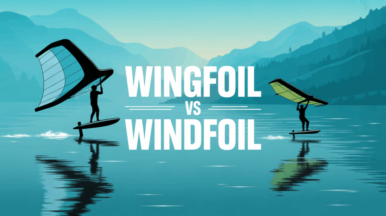 Silhouettes de riders en wingfoil et windfoil sur lac, ambiance dynamique
