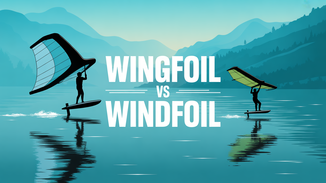 Silhouettes de riders en wingfoil et windfoil sur lac, ambiance dynamique