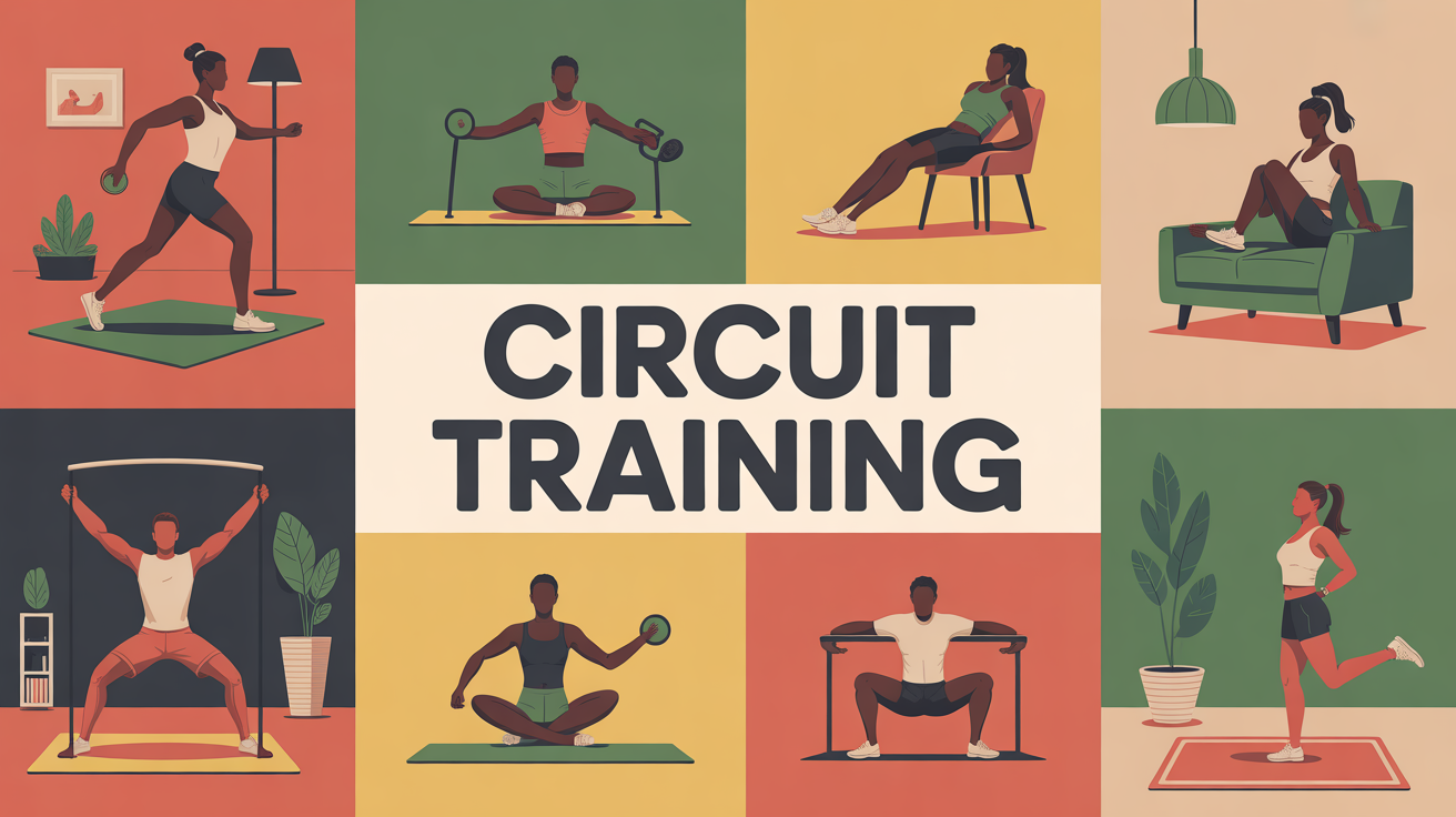 Scène de circuit training à domicile et extérieur, équipements simples