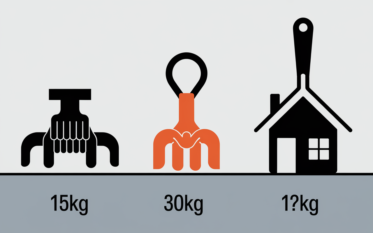 Trois outils hand grip exercice, chiffres 15kg 30kg, mains stylisées