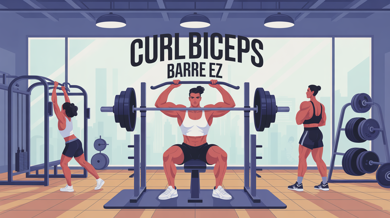 Illustration curl biceps barre EZ dans une salle de musculation moderne