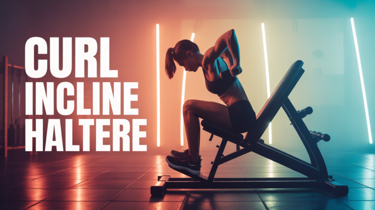 athlète effectue un curl incliné haltère sur banc, fond musculation