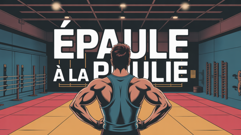 Illustration stylisée épaule à la poulie dans une salle de musculation