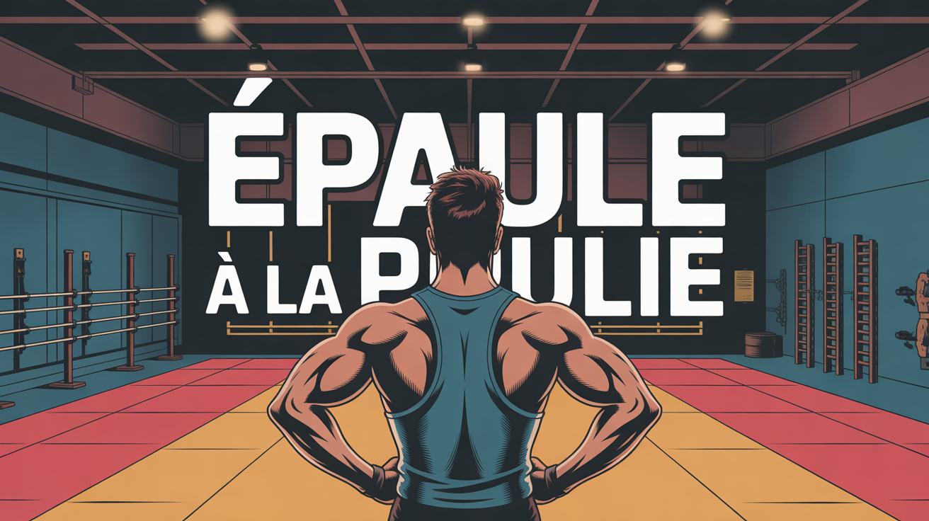 Illustration stylisée épaule à la poulie dans une salle de musculation