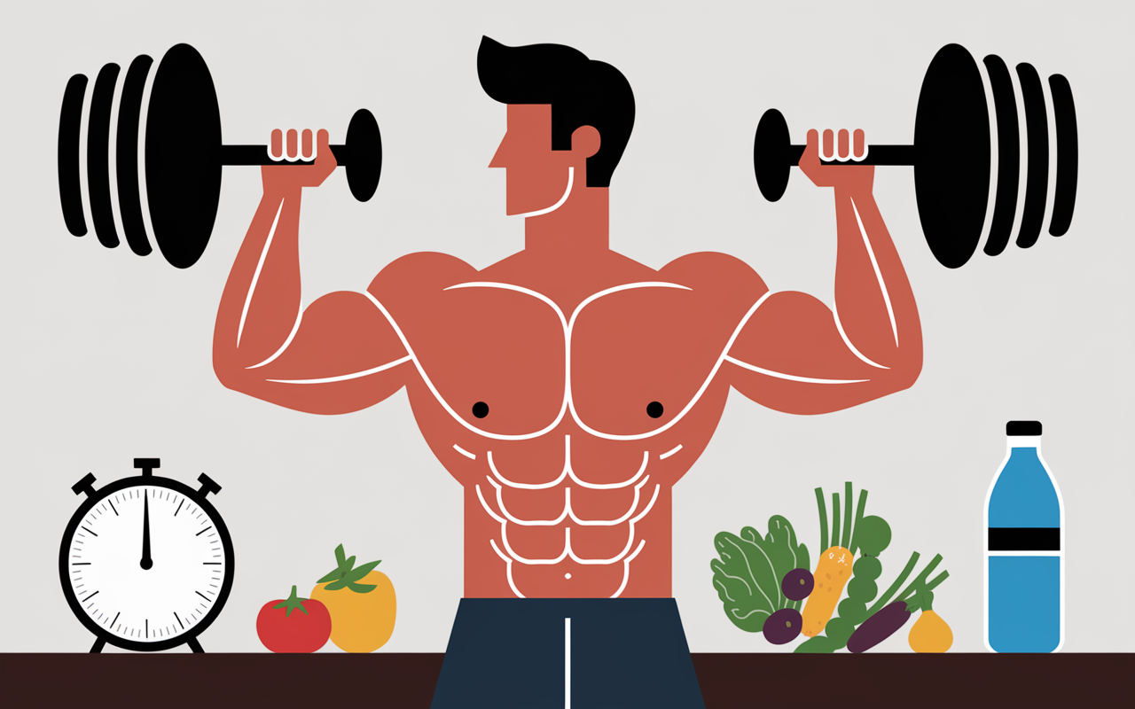 homme muscle mais pas trop avec haltères et légumes